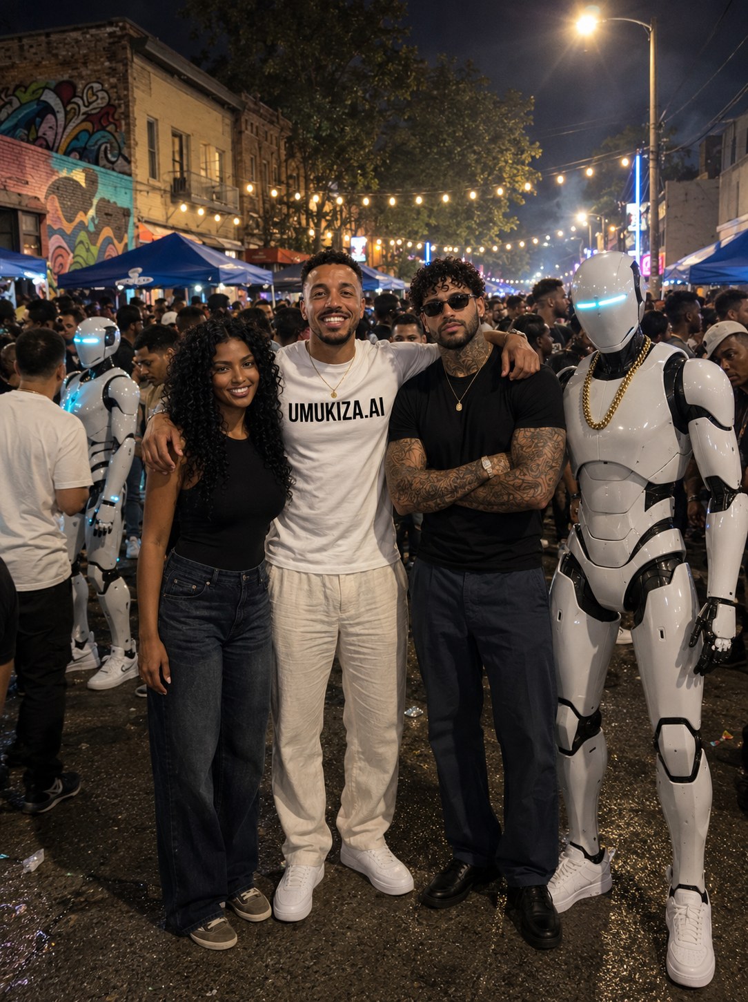 Umukiza en t-shirt UMUKIZA.AI au centre, avec Nikita, Aion et un robot humanoïde, à une fête de rue la nuit