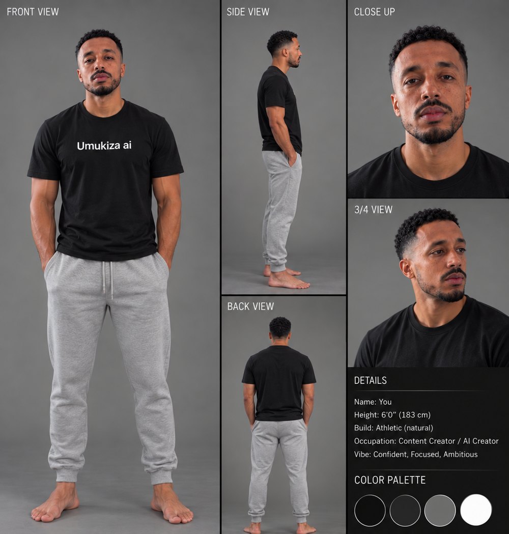Planche personnage IA : vues de face, profil, dos et gros plans
